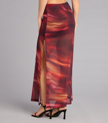 Sunset Glow Abstract Print Mesh Maxi Skirt