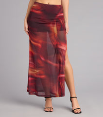Sunset Glow Abstract Print Mesh Maxi Skirt