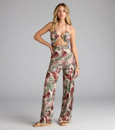 Vacay Mood Tropical Print Halter Cutout Jumpsuit