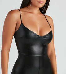 Sleek Sleeveless V-Neck Faux Leather Catsuit
