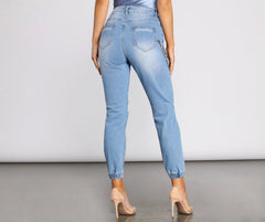 High Rise Destructed Chained Denim Joggers