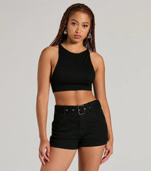 Summer Girlie Mid Rise Belted Denim Shorts