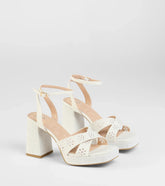 Resort Ready Eyelet Linen Platform Block Heels