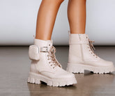 Faux Leather Lug Sole Booties With Pouch