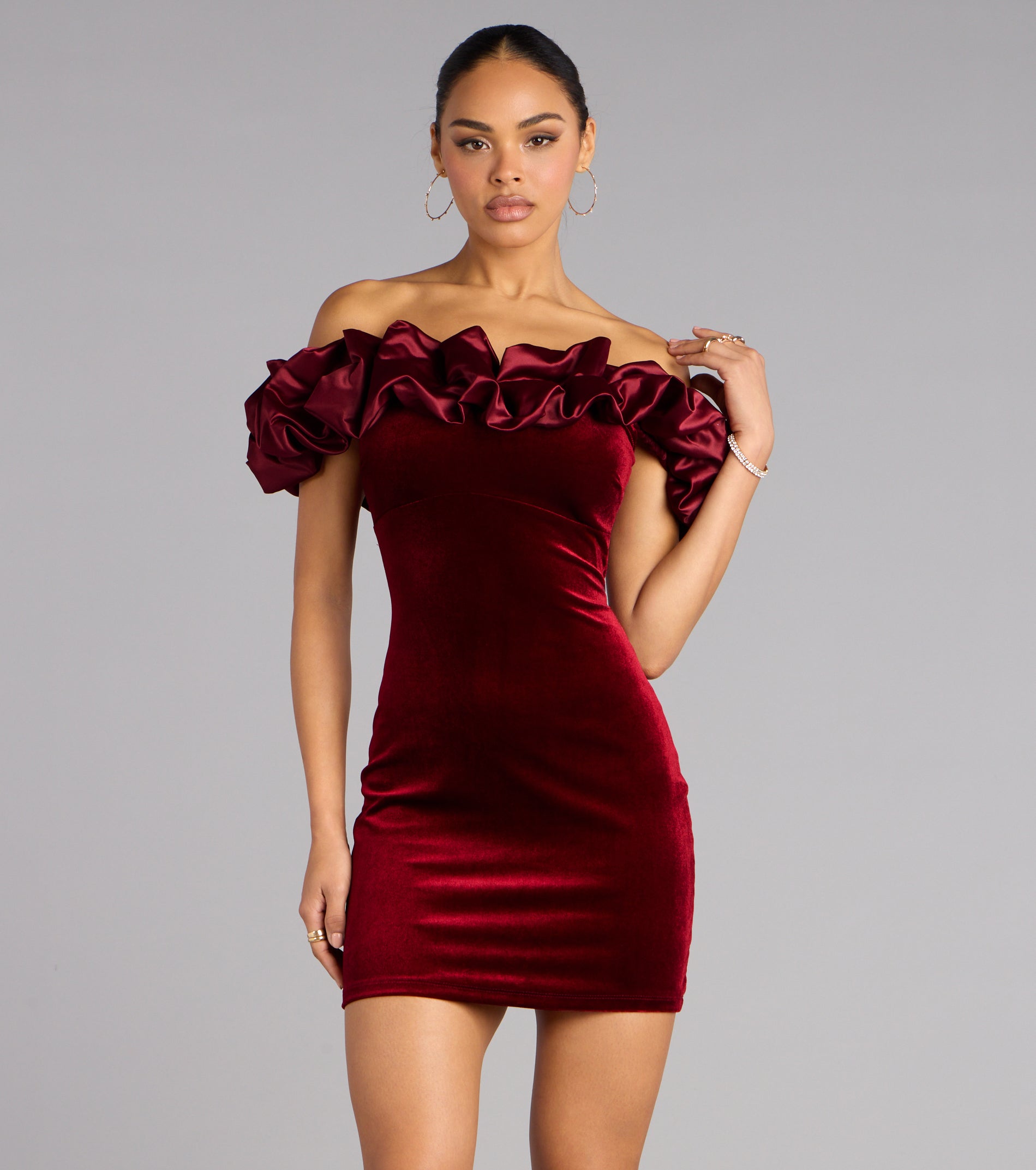 Lia Satin Ruffle Off-The-Shoulder Velvet Mini Dress