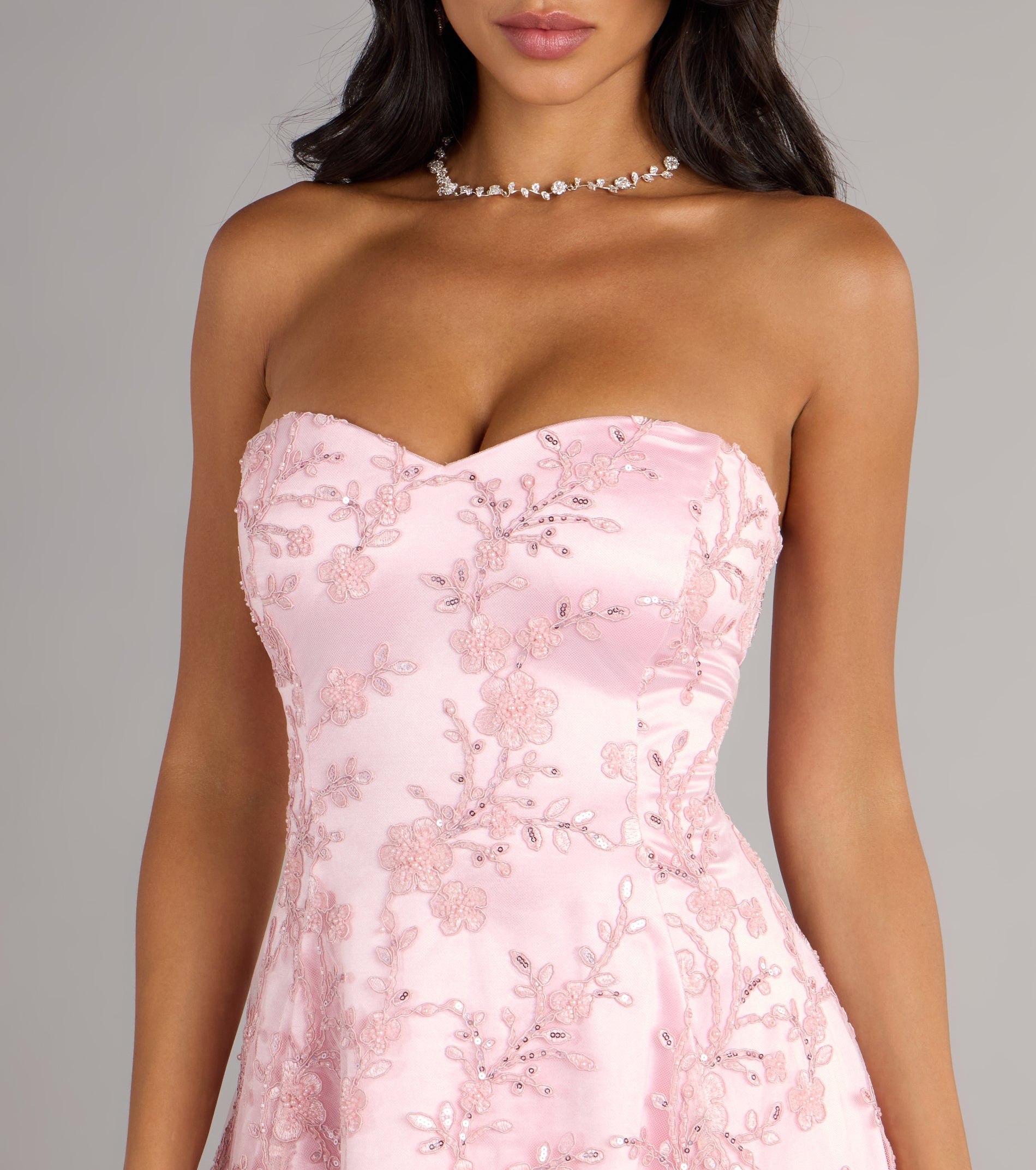 Erin Satin Floral Embroidered Lace-Up Dress