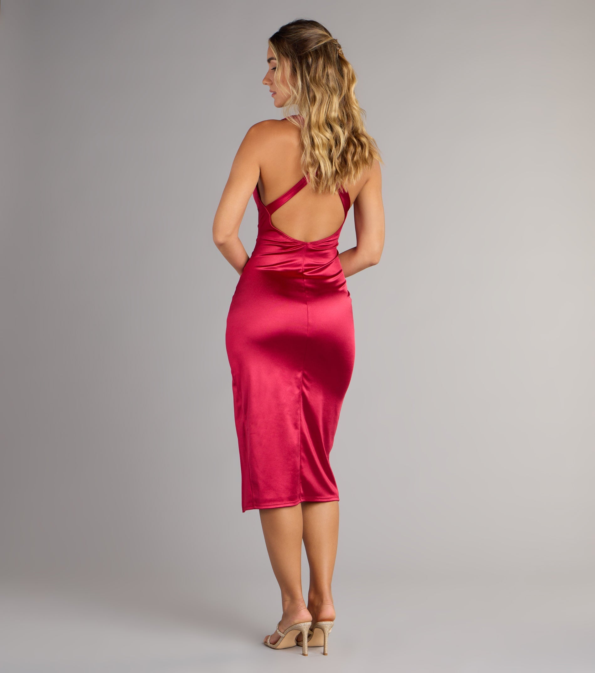 Abigail V-Neck Strappy Satin Midi Dress