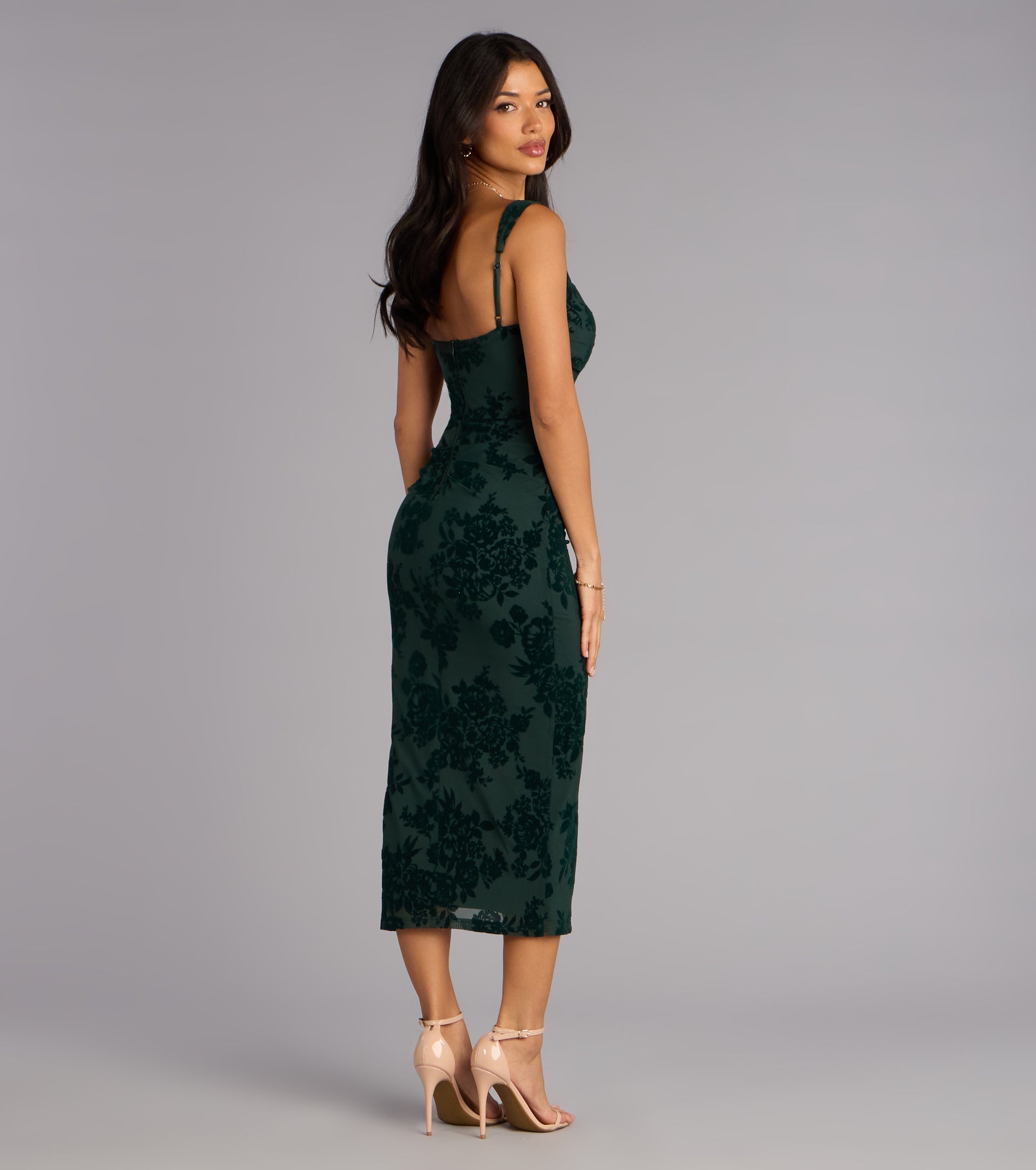 Emme Flocked Velvet Midi Formal Dress