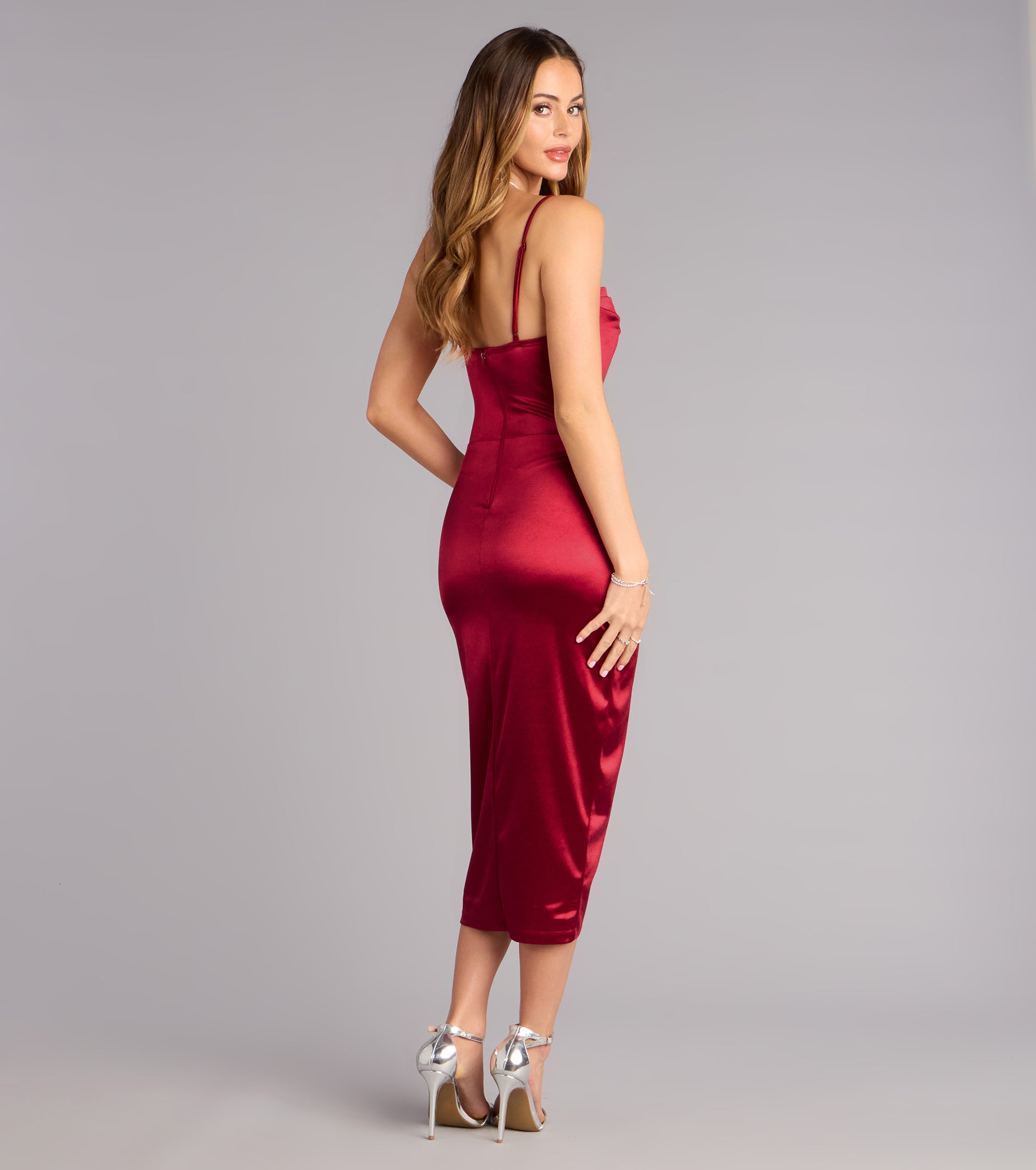 Margaret Formal Satin Wrap Midi Dress