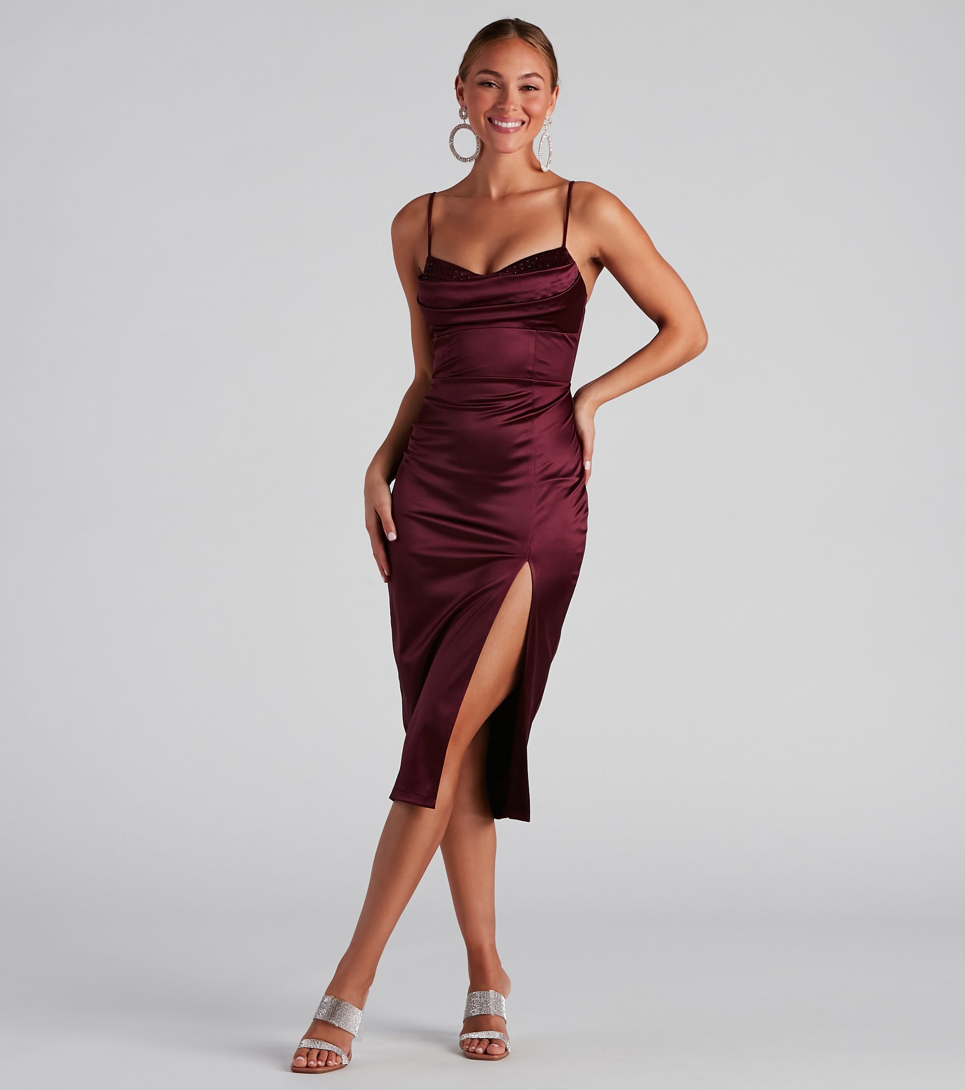 Adisson Formal Satin Heat Stone Midi Dress