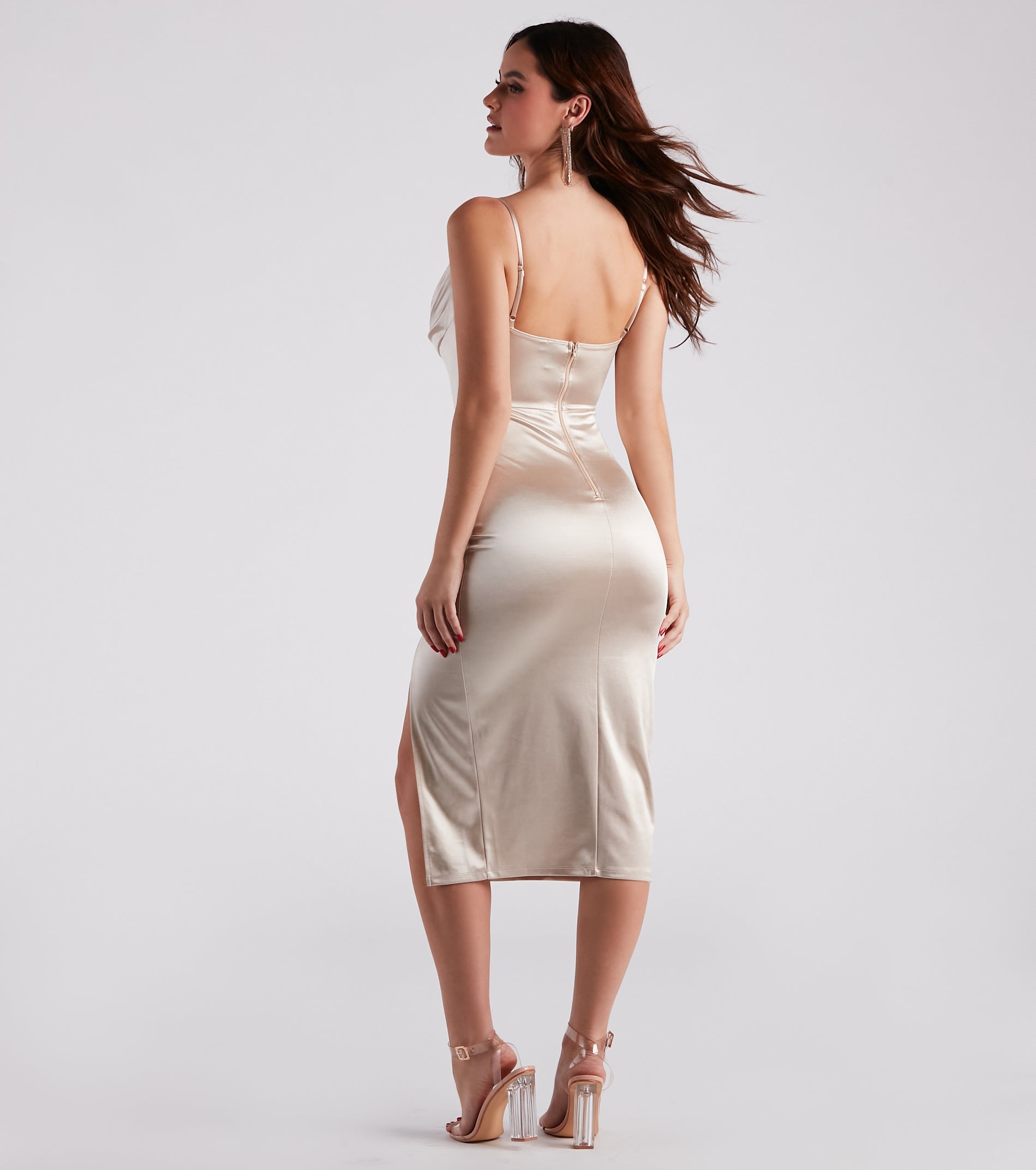 Maggy Formal Satin Slit Midi Dress