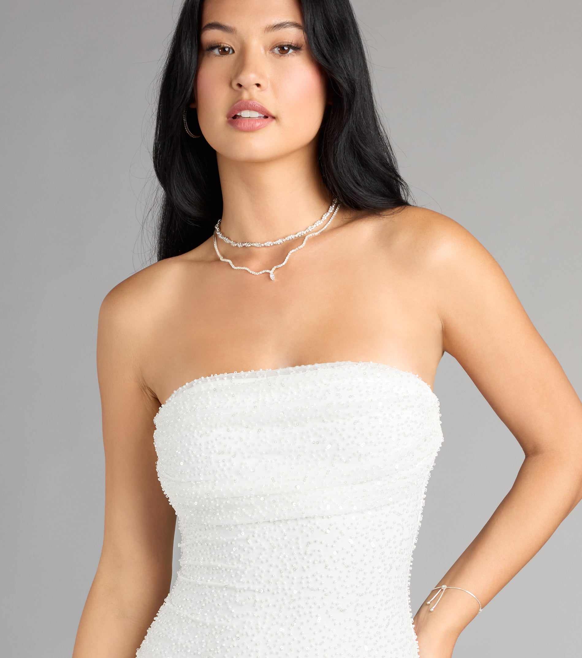 Lena Strapless Bodycon Beaded Mesh Mini Dress