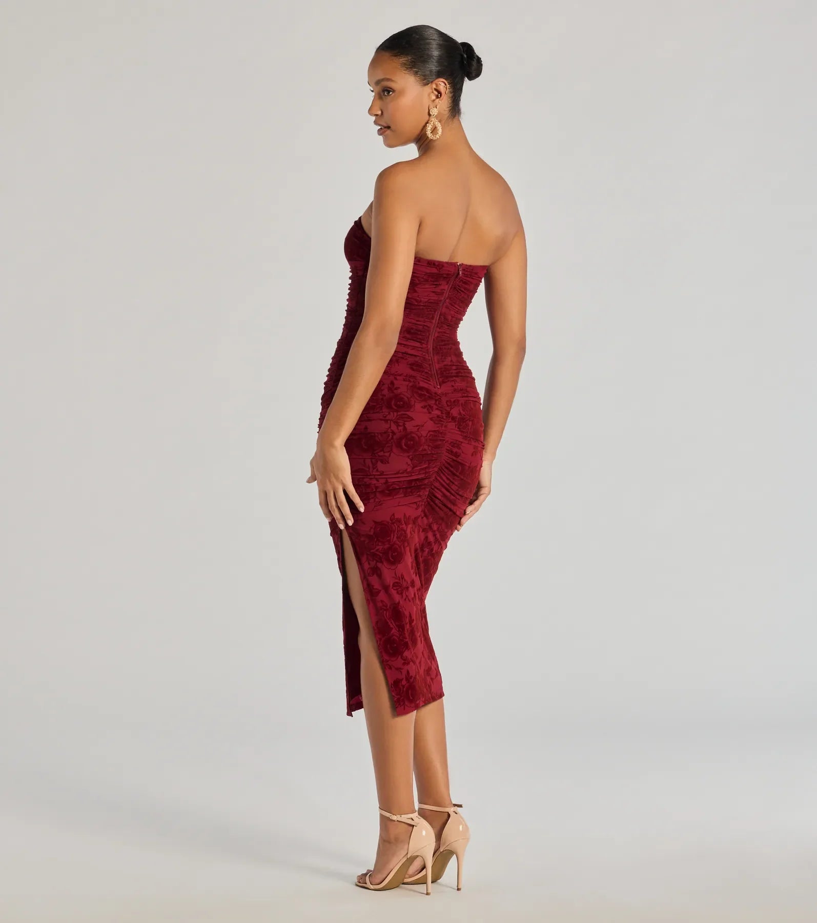 Destiny Strapless Velvet Mesh Midi Dress
