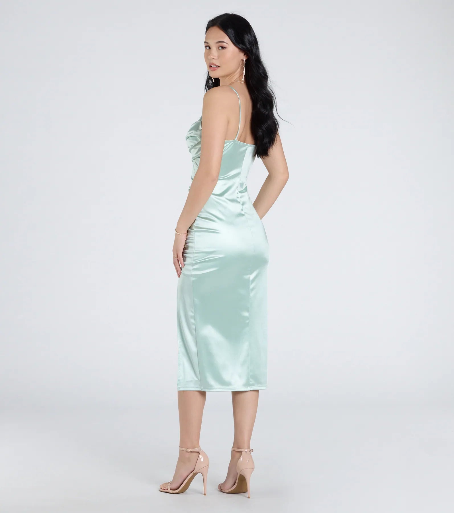 Kristen Formal Satin Cowl Neck Midi Dress