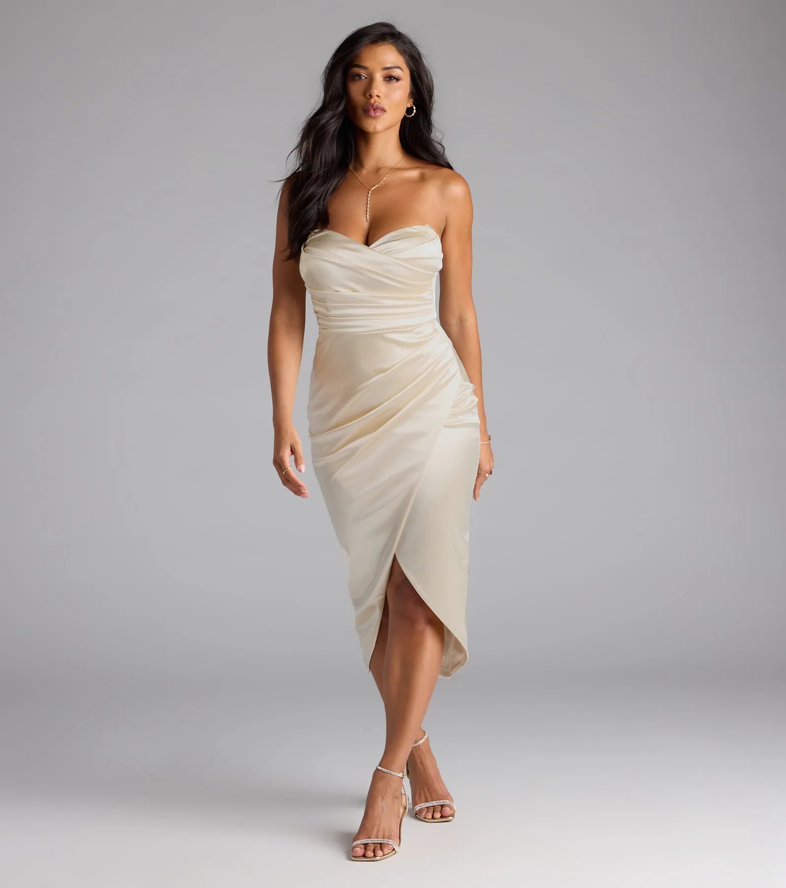 Sianna Strapless Bodycon Satin Midi Formal Dress