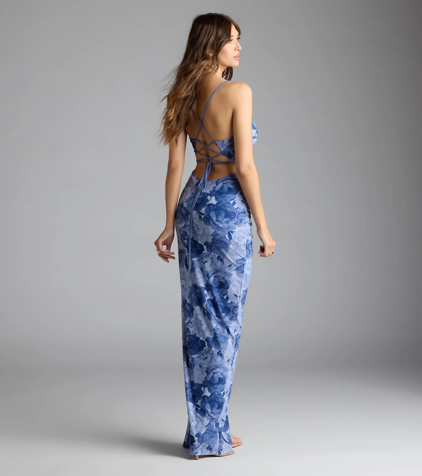 Claudia Lace-Up Slit Floral Formal Dress