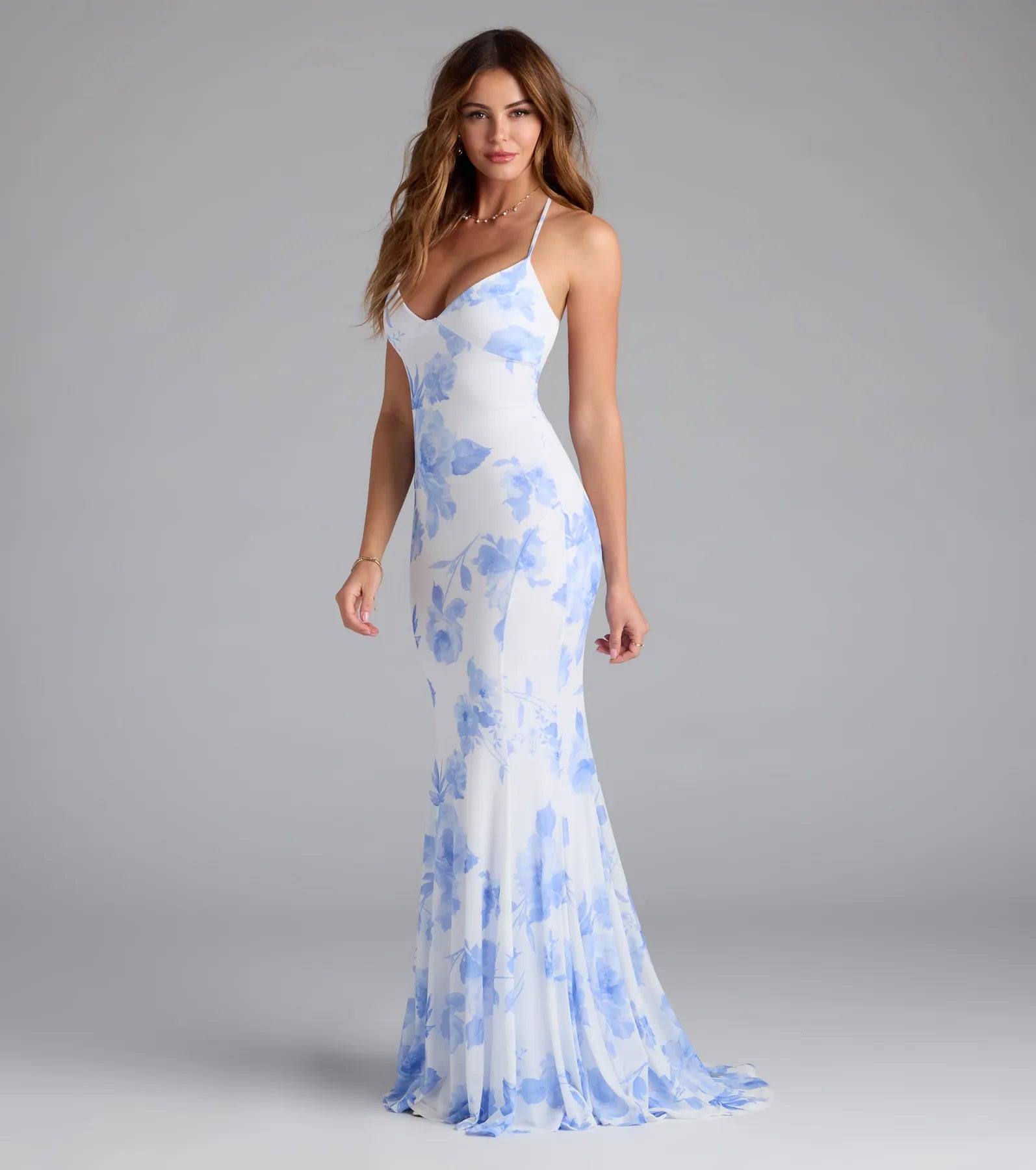 Pascha Strappy Open Back Mermaid Floral Formal Dress