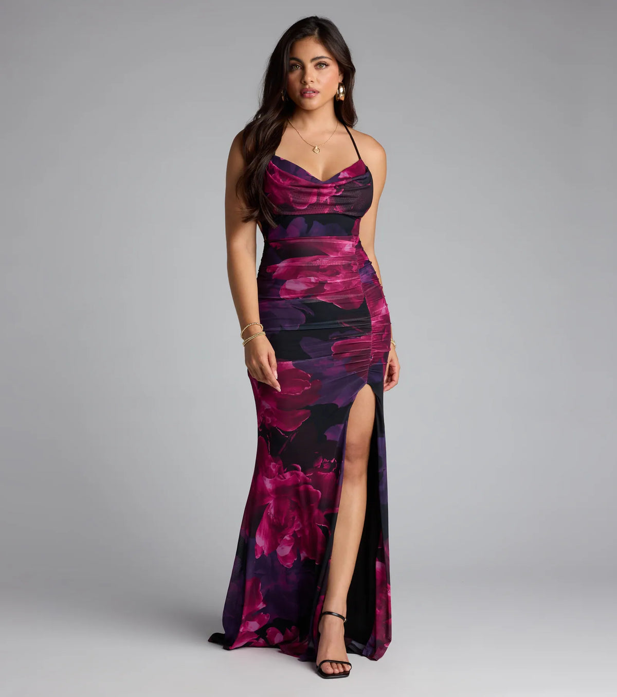 Tania Floral Lace-Up Slit Formal Dress