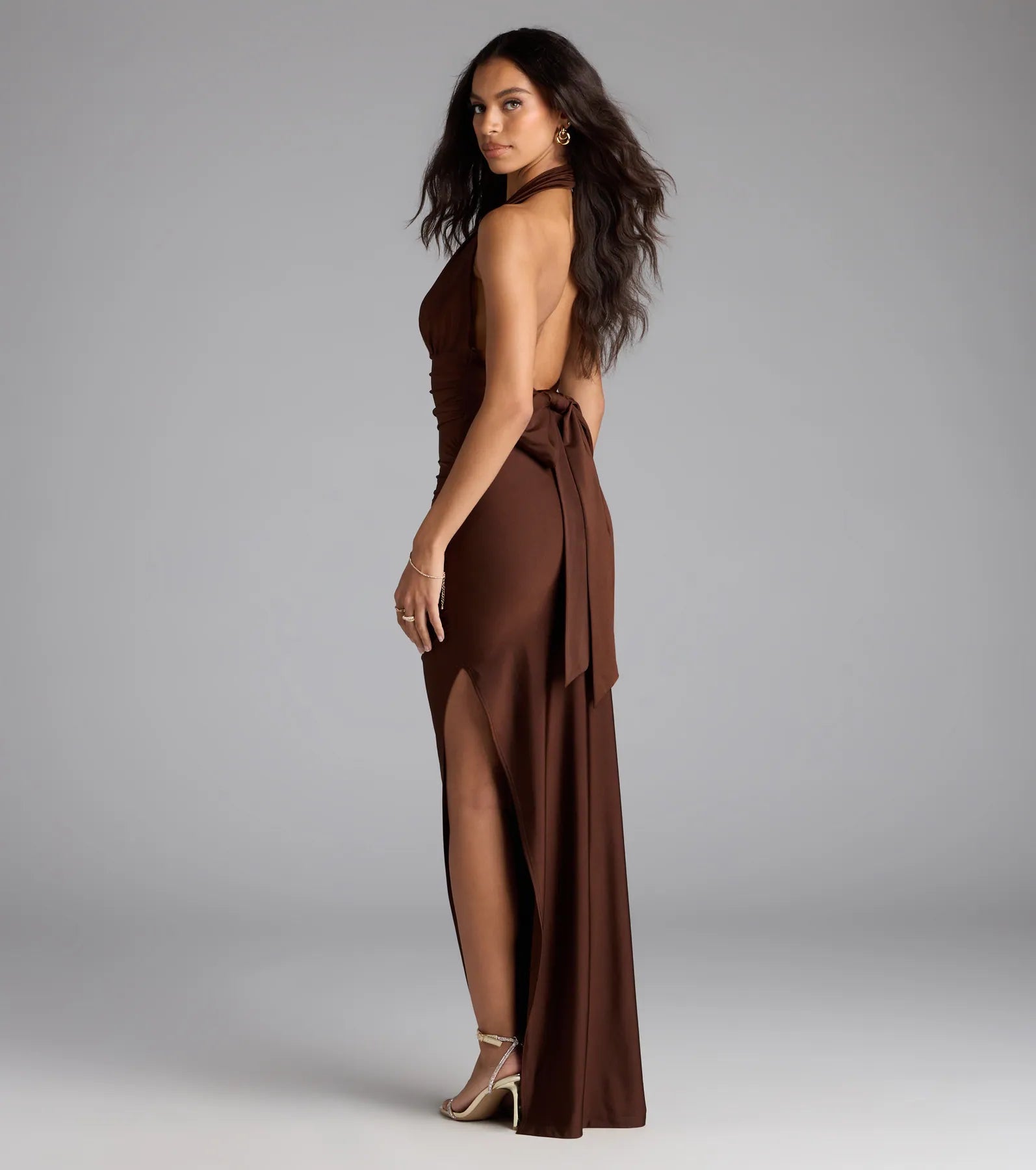 Darla Halter Open Back Bow Slit Formal Dress