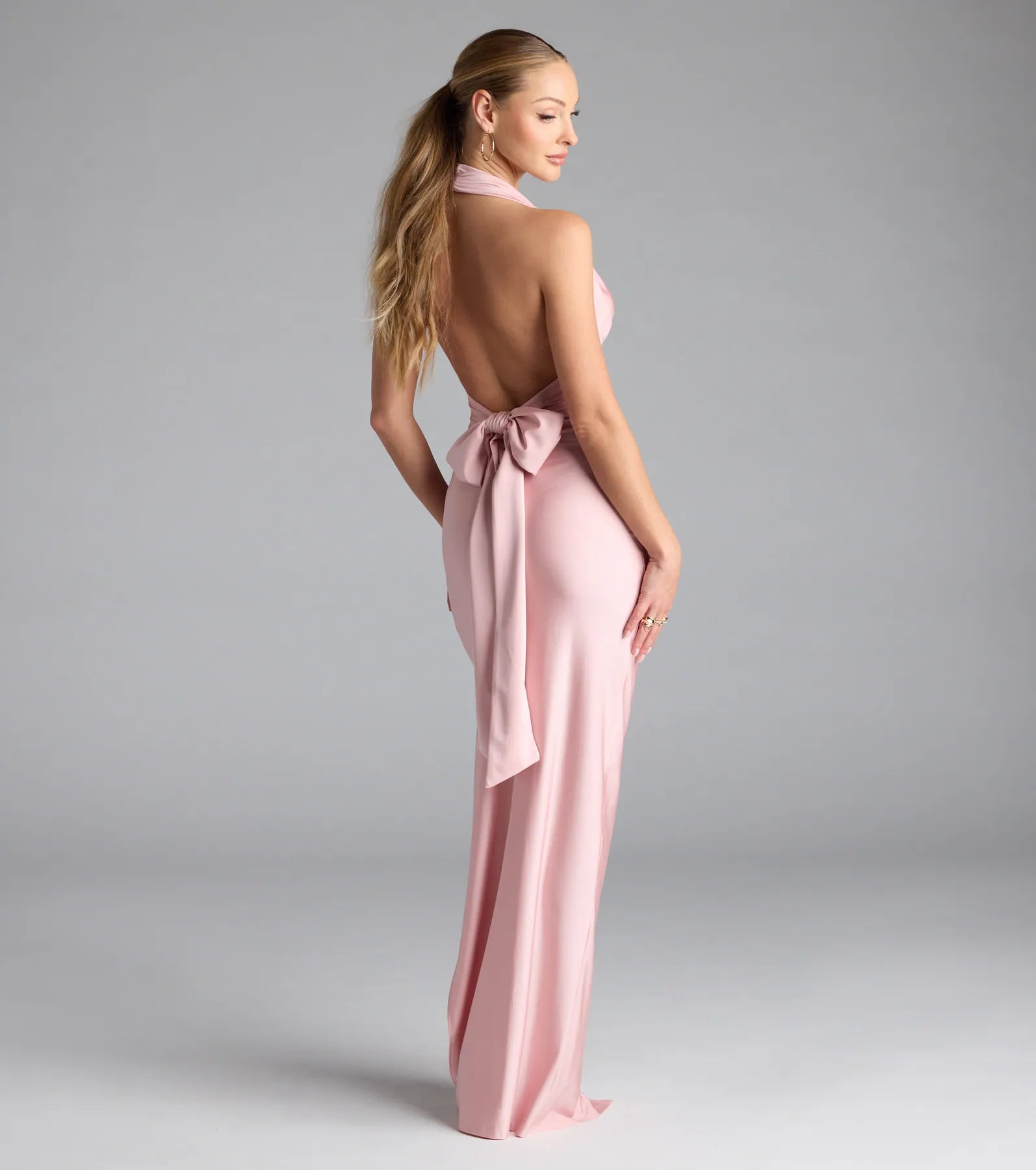 Darla Halter Open Back Bow Slit Formal Dress