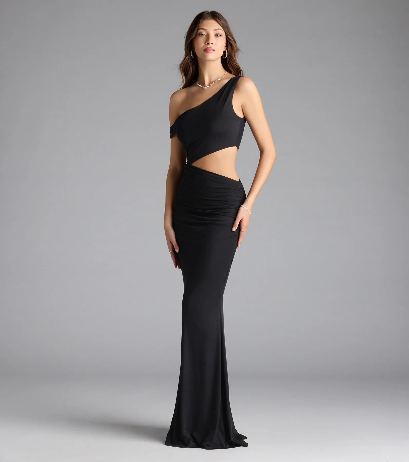 Idella One-Shoulder Cutout Mesh Formal Dress