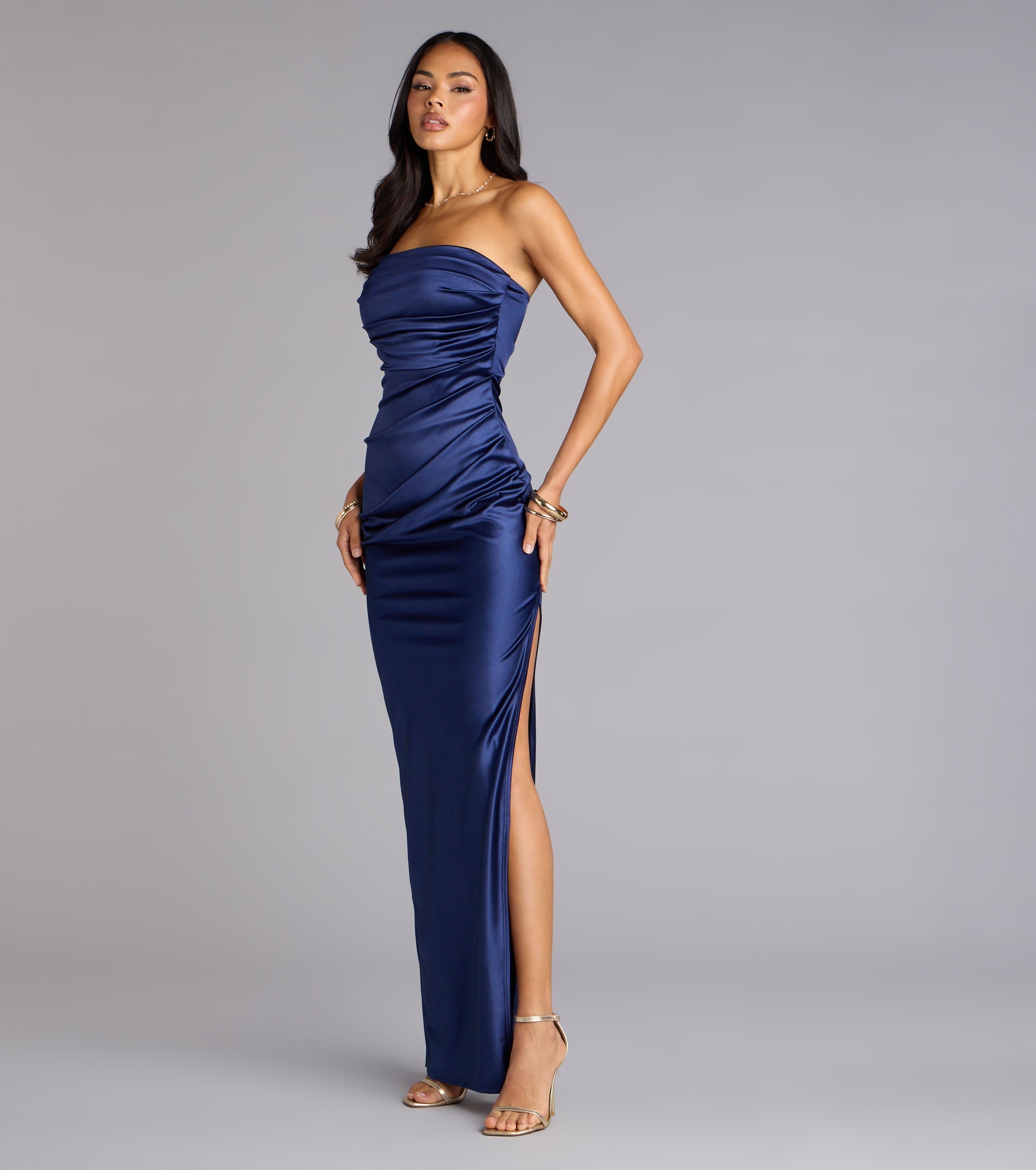 Brianna Satin Strapless High Slit Column Dress