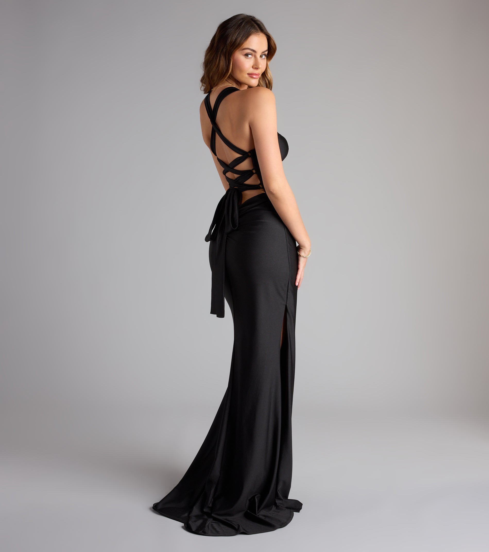 Whitney Lace-Up Slit Formal Dress