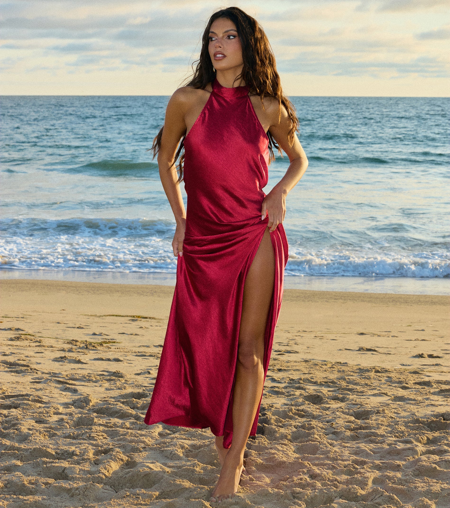 Andie Halter Open Back Slit Satin Formal Dress