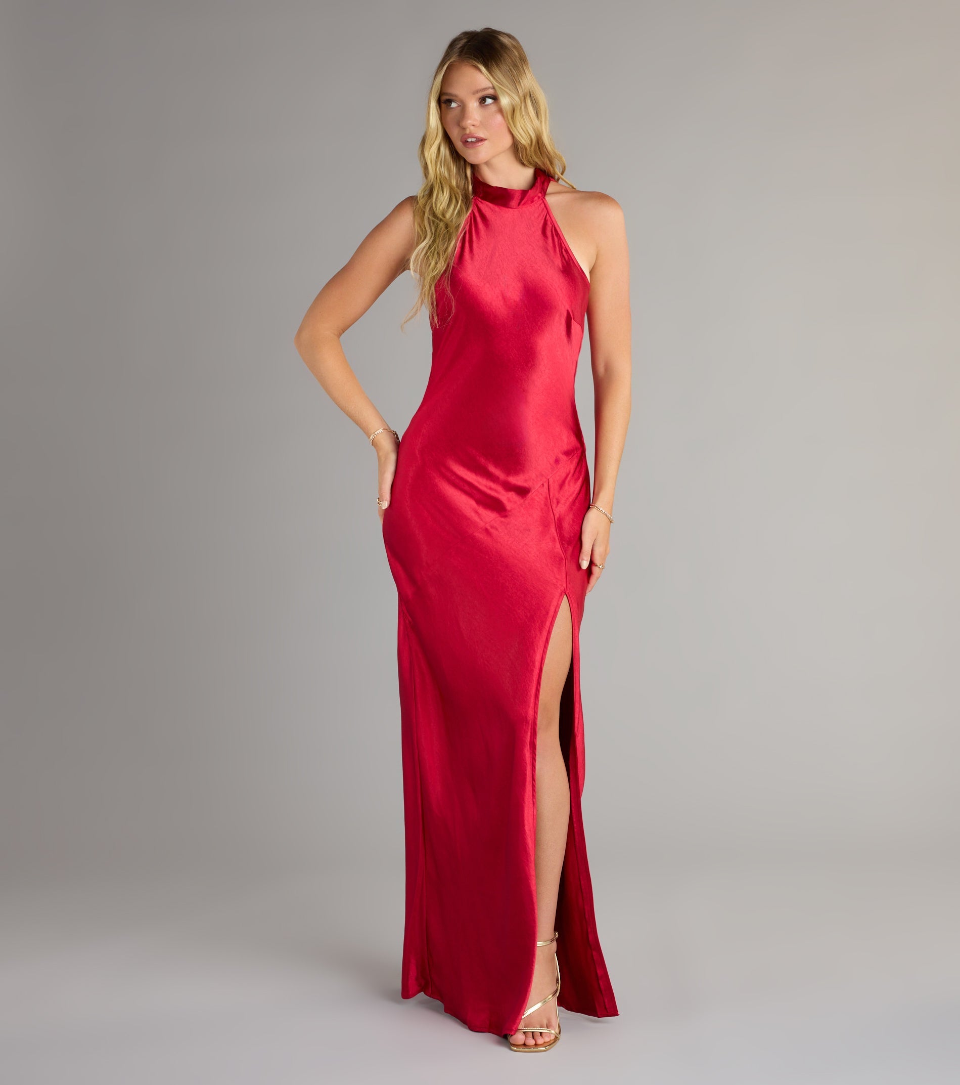 Andie Halter Open Back Slit Satin Formal Dress