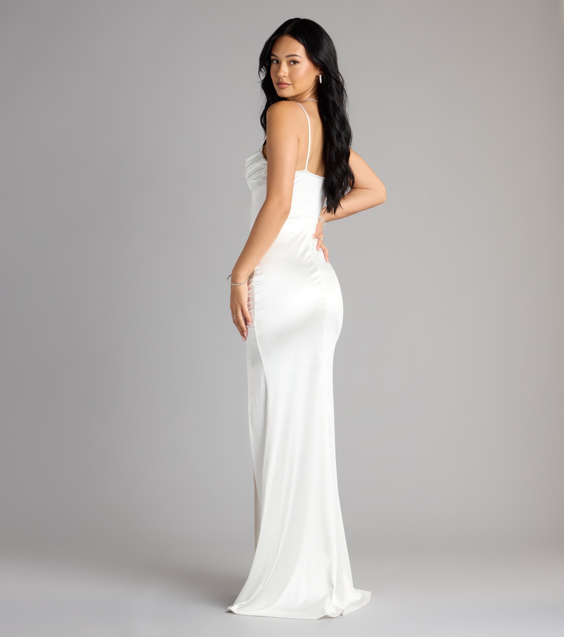 Jazmine Cowl Neck Slit A-Line Satin Formal Dress