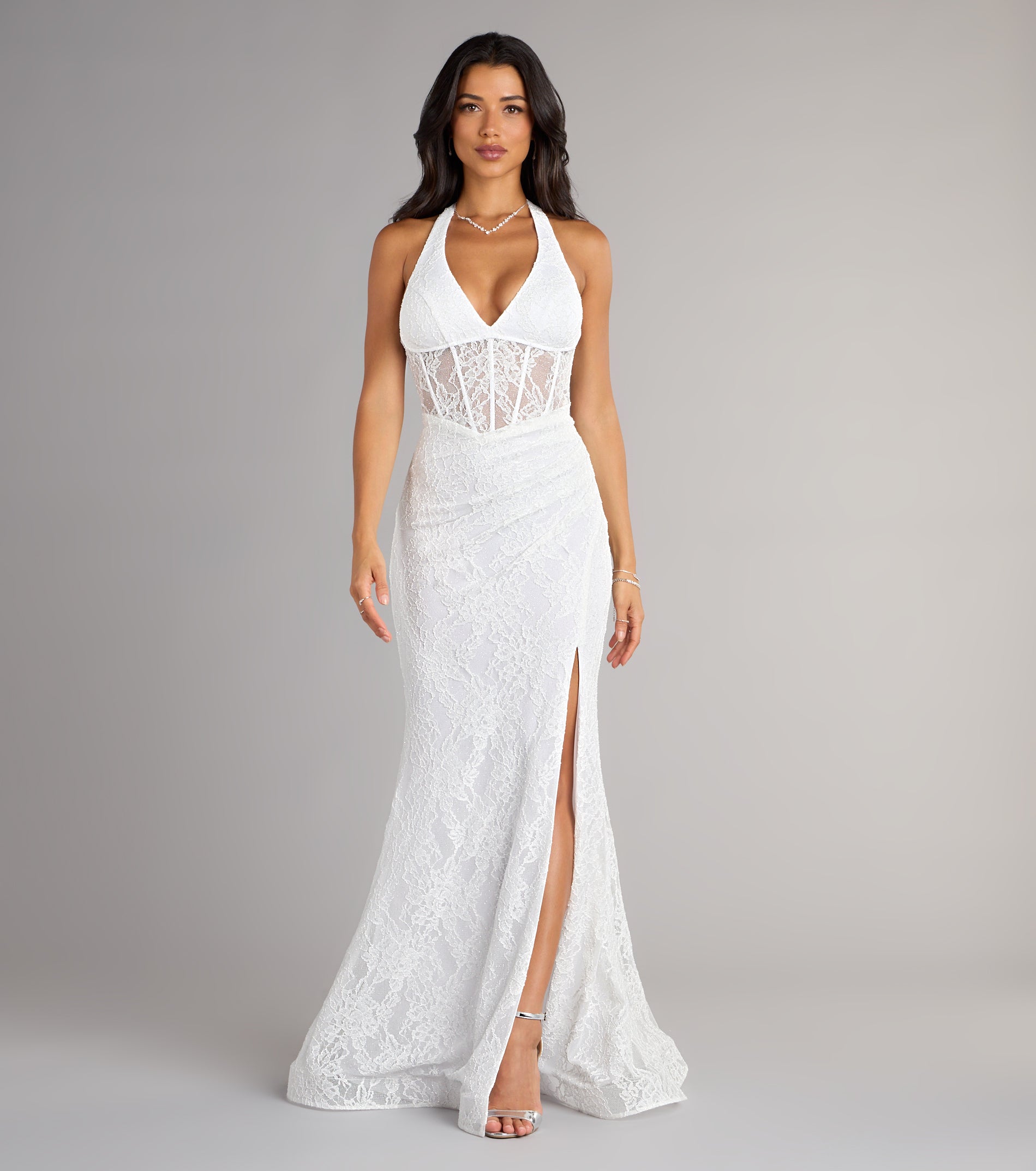 Cadie Halter Corset Slit Lace Formal Dress