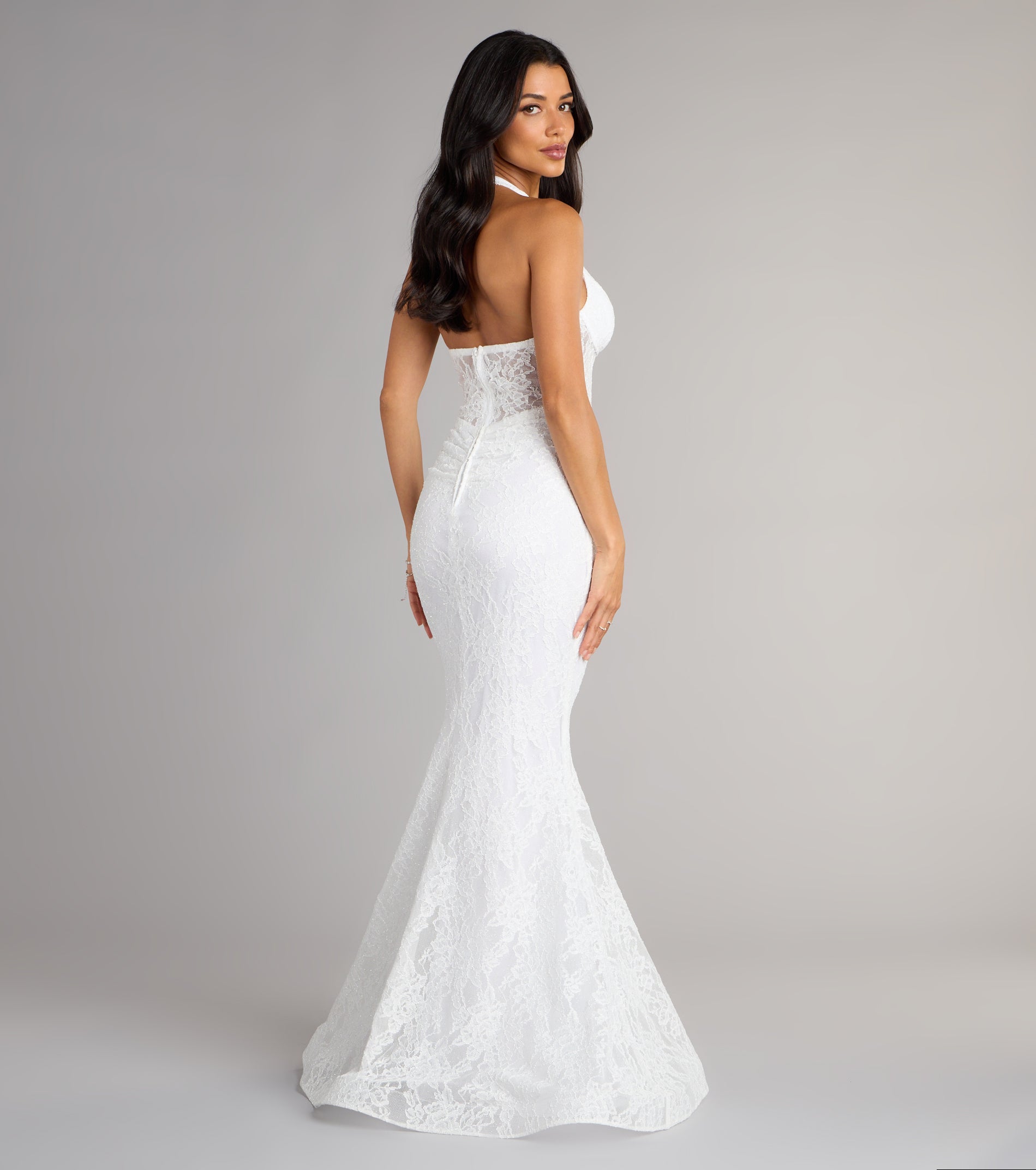 Cadie Halter Corset Slit Lace Formal Dress