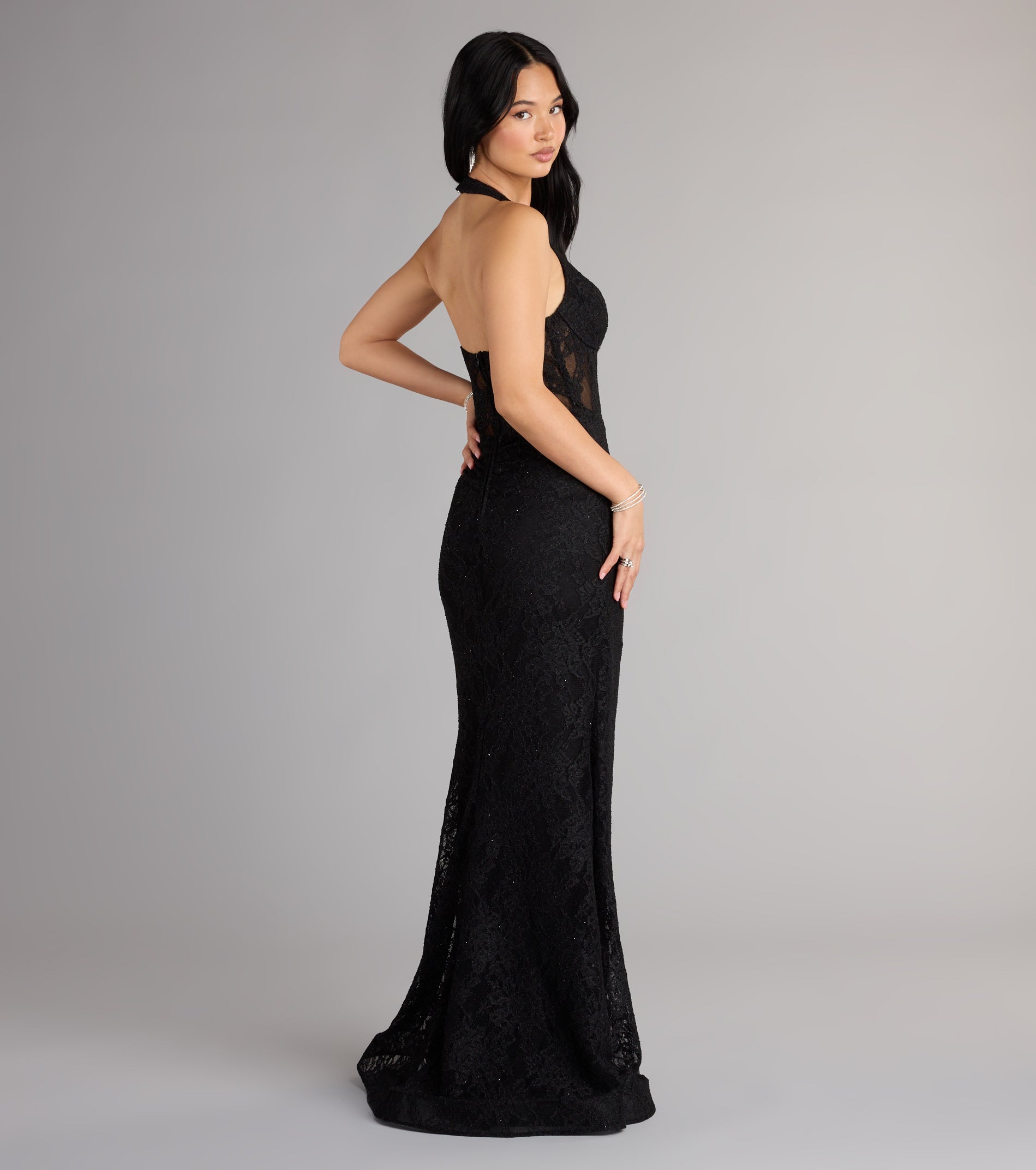 Cadie Halter Corset Slit Lace Formal Dress