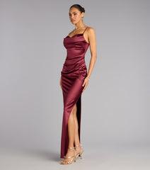 Jane Cowl Neck Slit Satin Formal Column Dress