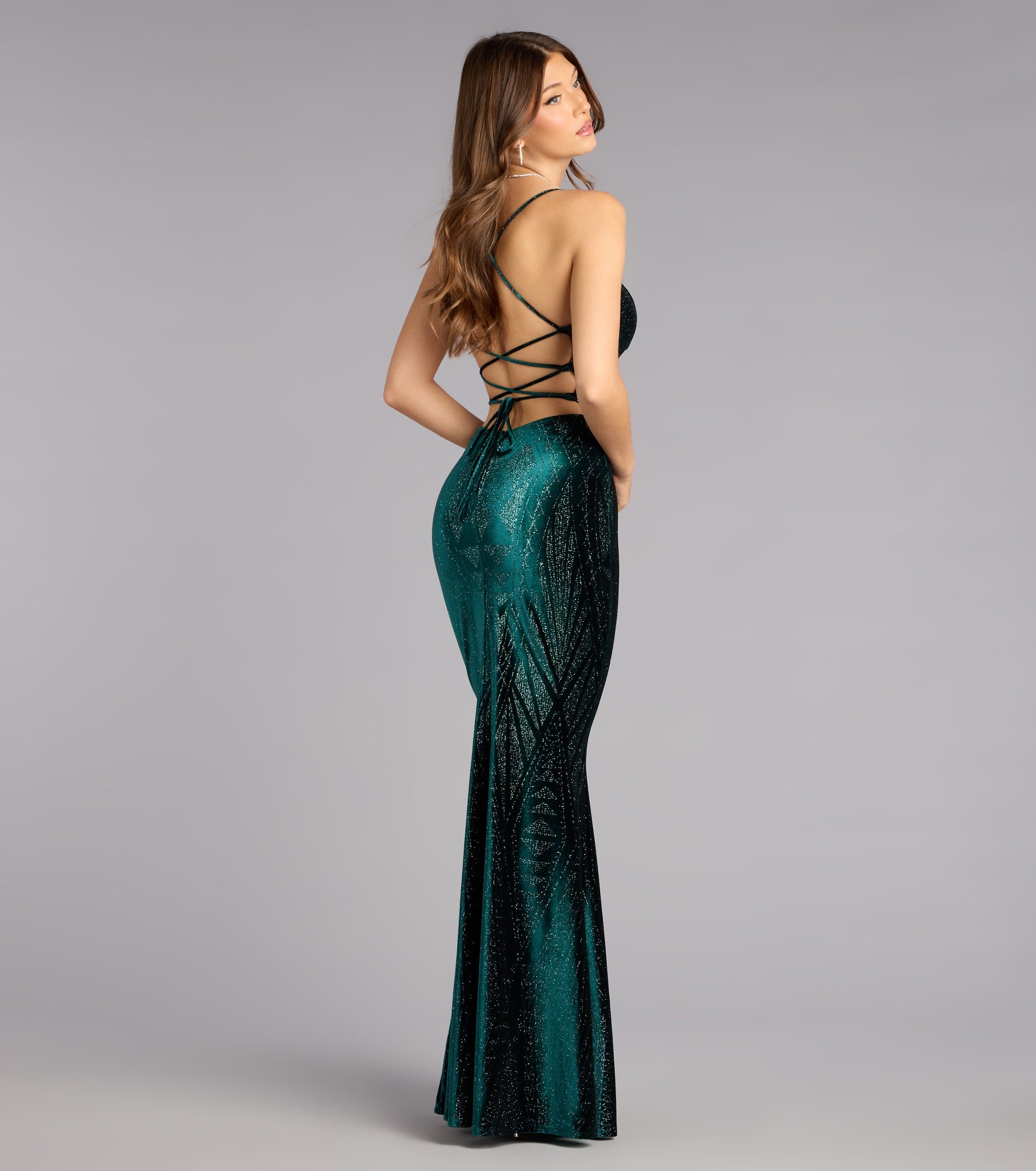 Barbra Glitter Velvet Lace-Up Formal Dress