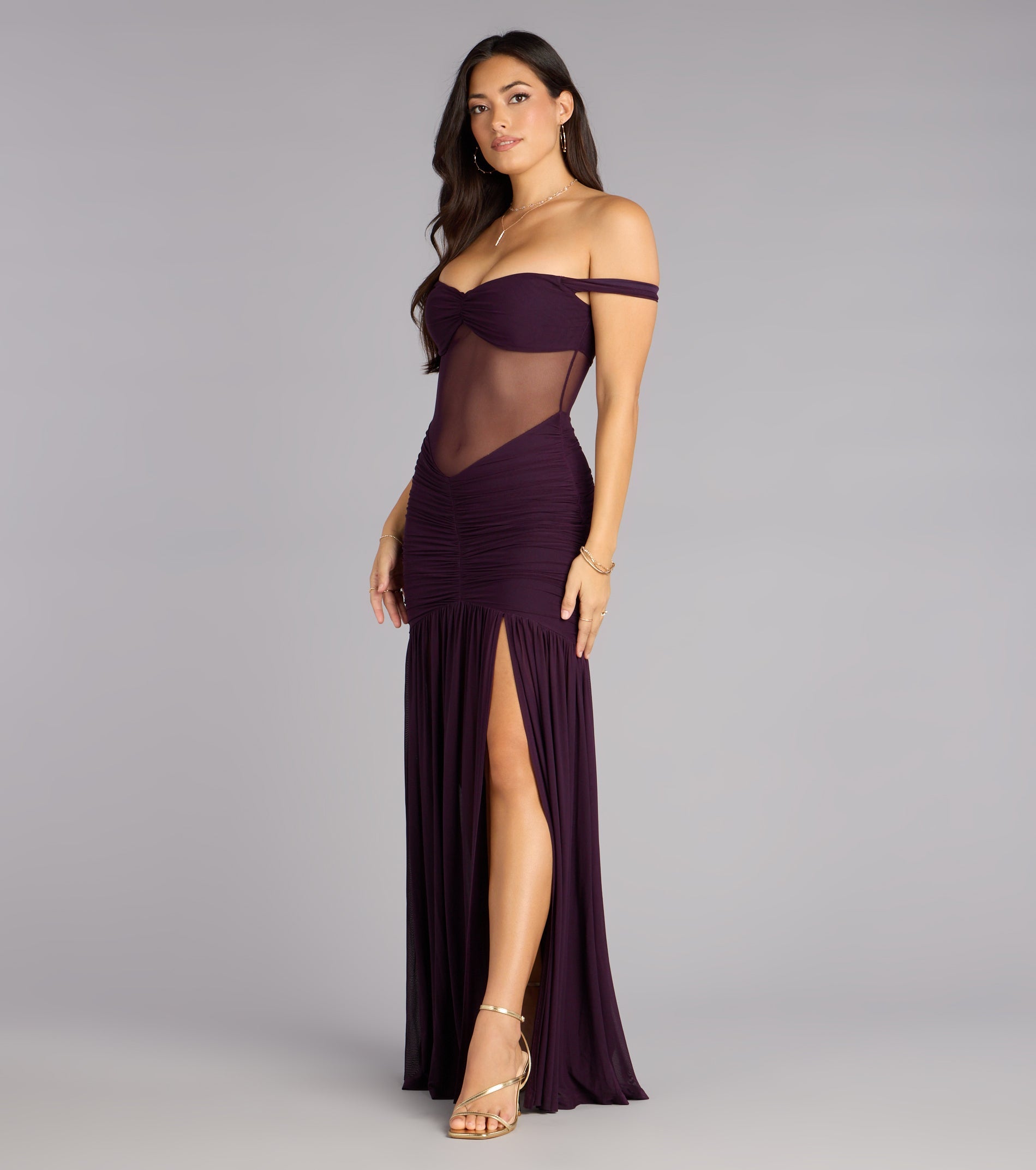 Eliza Sheer Mesh Off-The-Shoulder Mermaid Dress