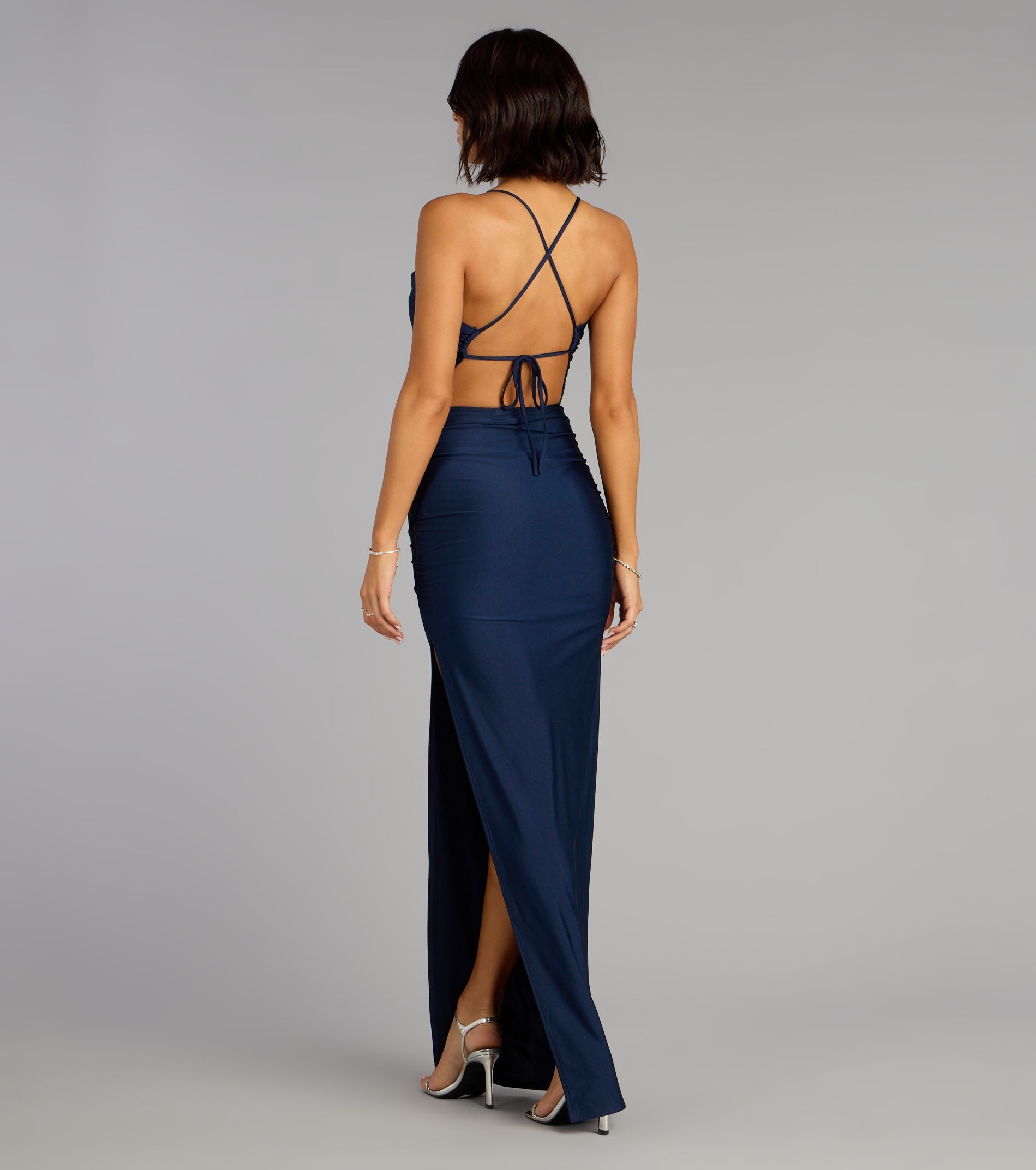 Stefani Lace-Up Slit Formal Dress
