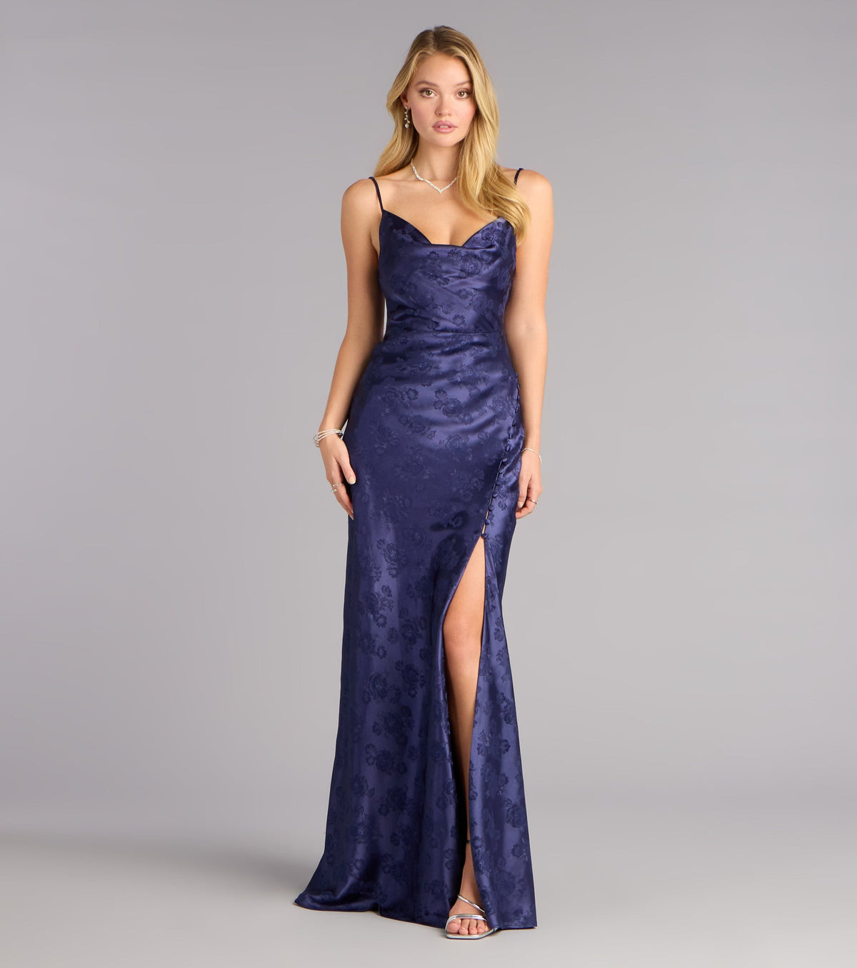 Kensie Satin Cowl Neck Slit Formal Dress