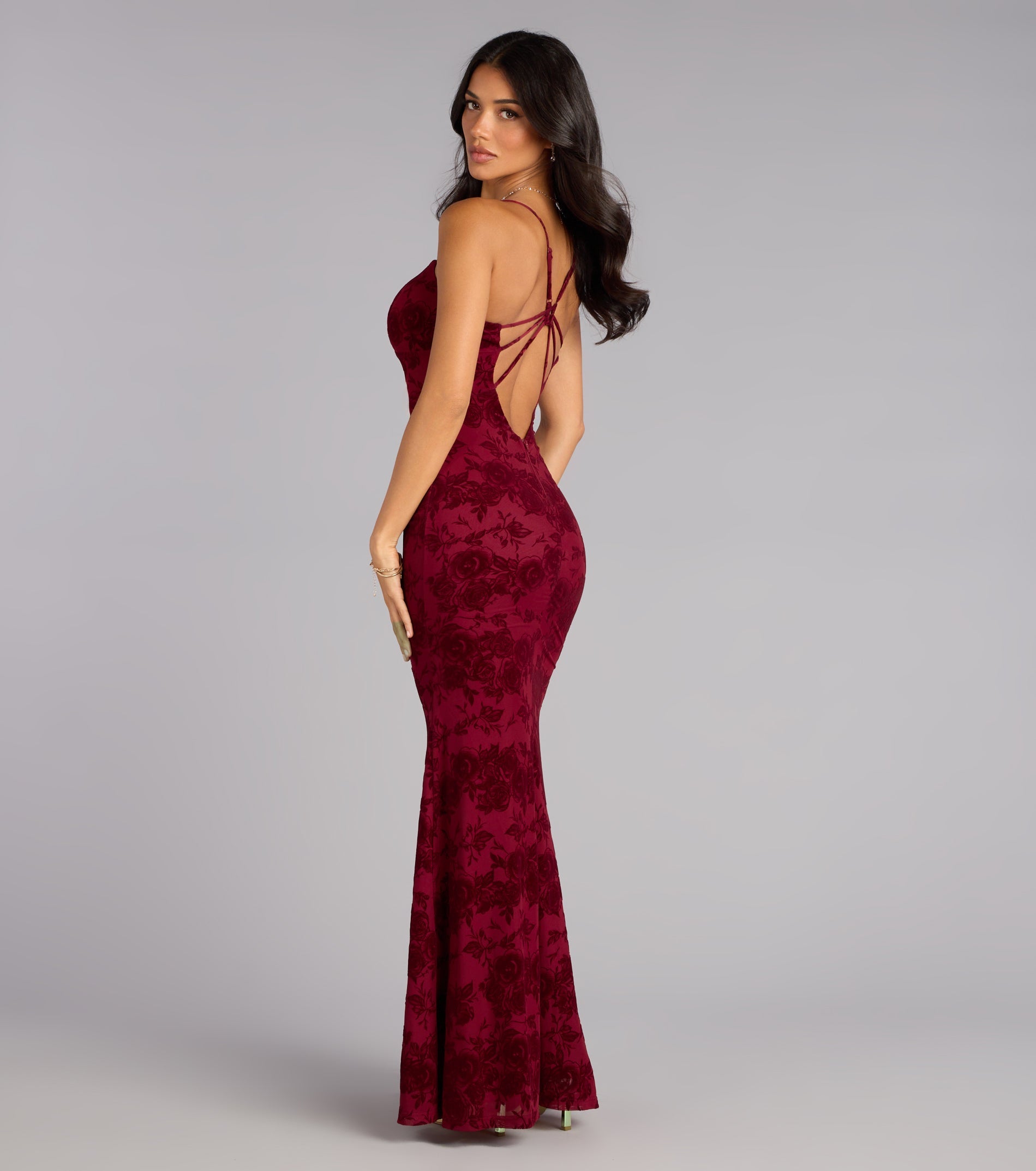 Mildred Flocked Velvet Strappy Mermaid Formal Dress