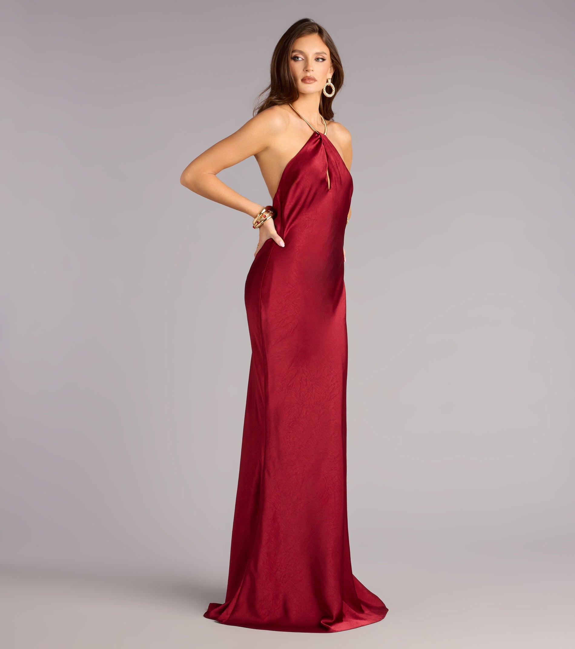 Meredith Satin Halter Open Back Formal Dress