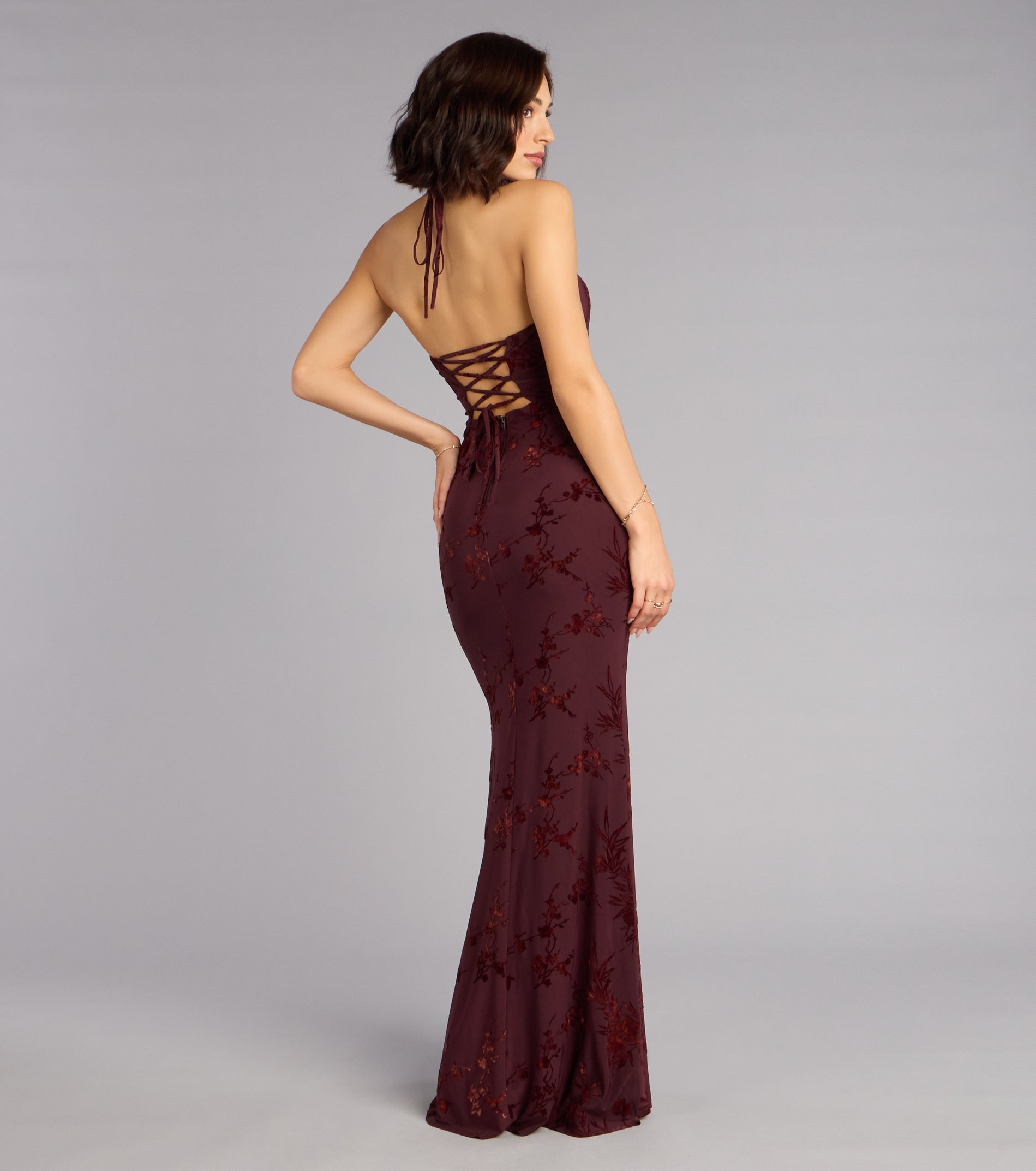 Erin Flocked Velvet Lace-Up Mermaid Formal Dress