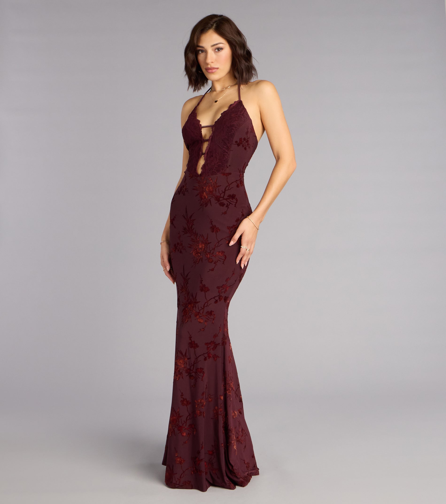 Erin Flocked Velvet Lace-Up Mermaid Formal Dress