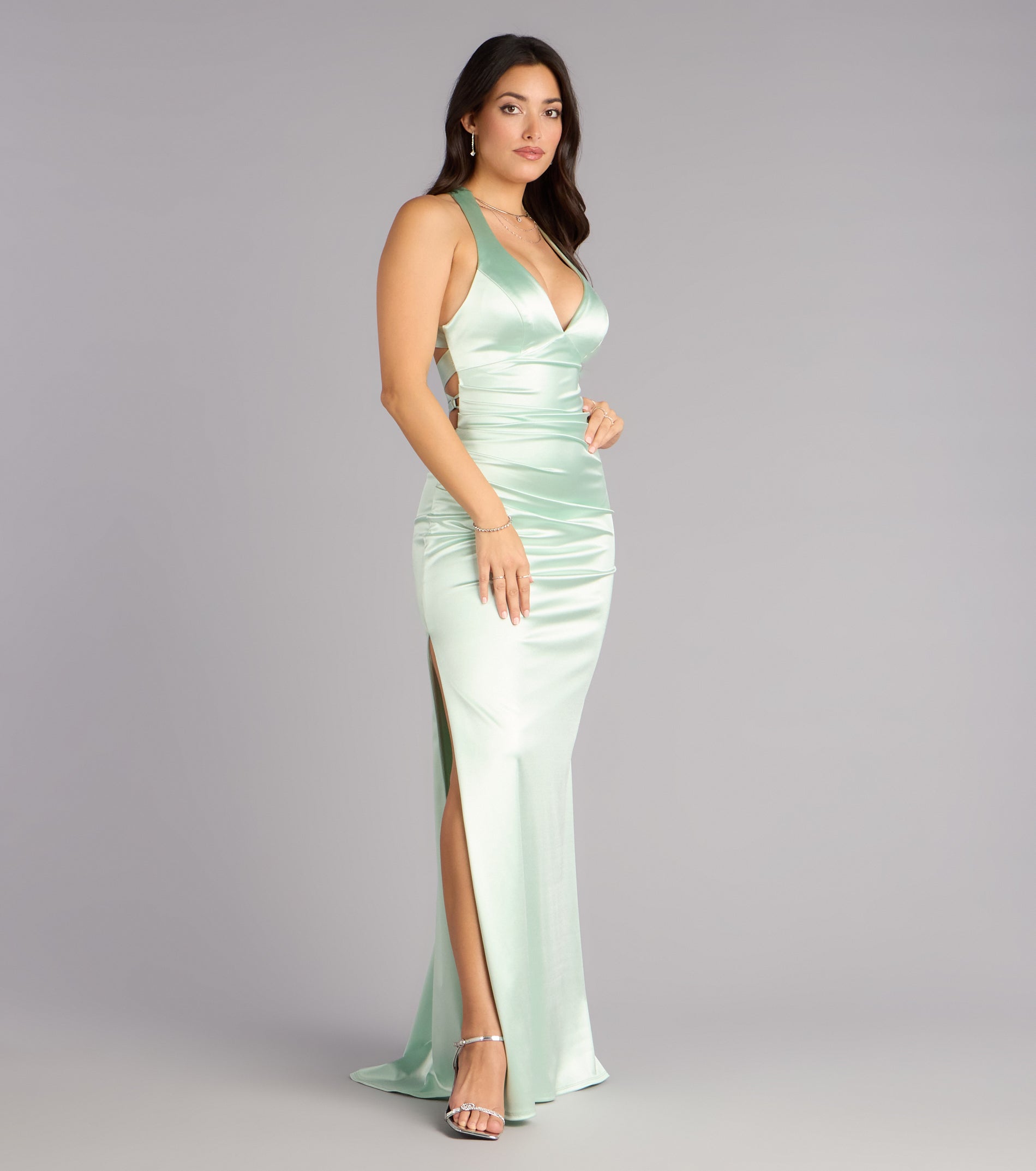 Jamie Lace-Up Satin Formal Column Dress