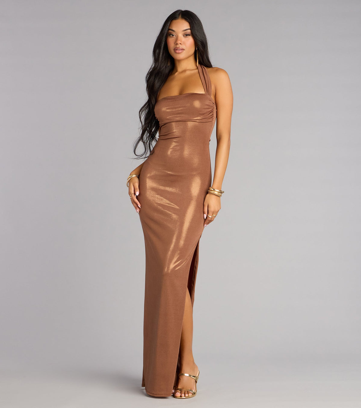 Tiana Metallic Halter Slit Formal Dress