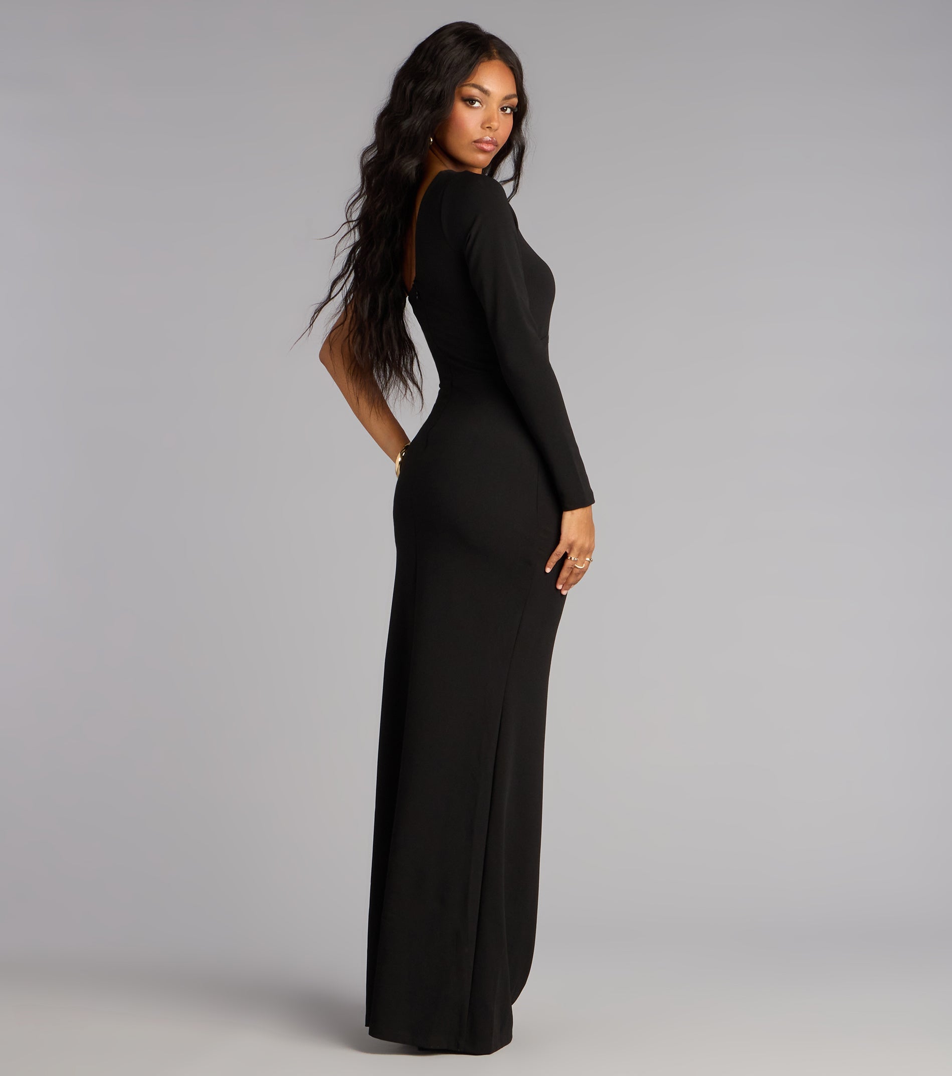 Sam Crepe One-Shoulder Slit Formal Dress