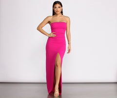 April Front Slit Strapless Crepe Dress