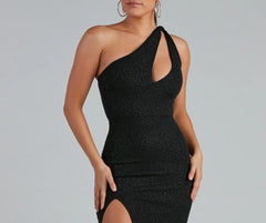 Evette Glitter One-Shoulder Slit Formal Dress