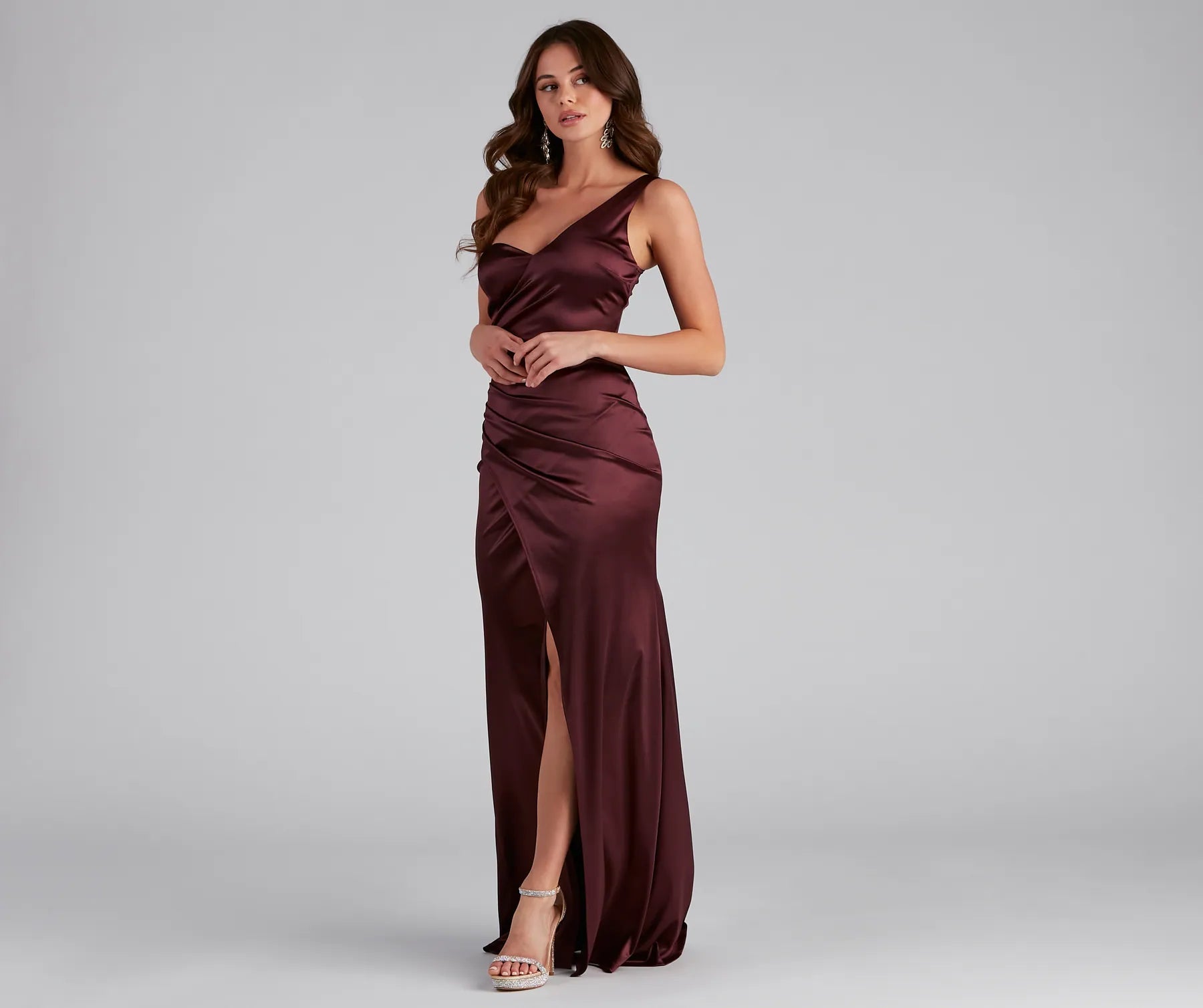 Darlene Formal Satin Wrap Slit Long Dress