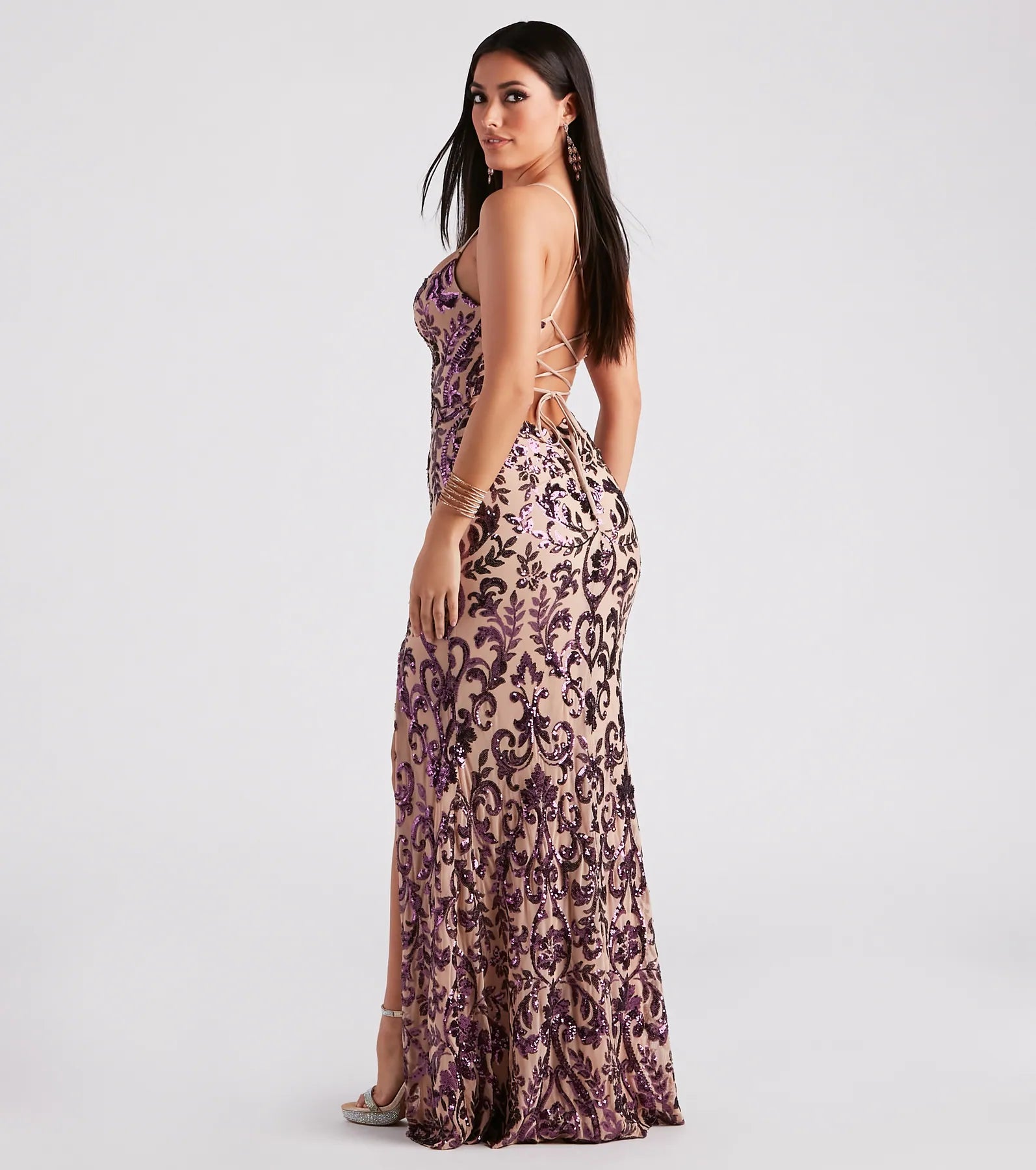 Lori Formal Sequin Lace-Up Long Dress