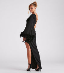 Vivian One-Shoulder Feather Trim Formal Dress